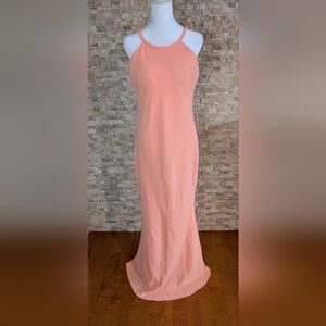 Calvin Klein Sz 12 Formal Sheath Dress Gown High Neck Halter Peachy Coral Orange